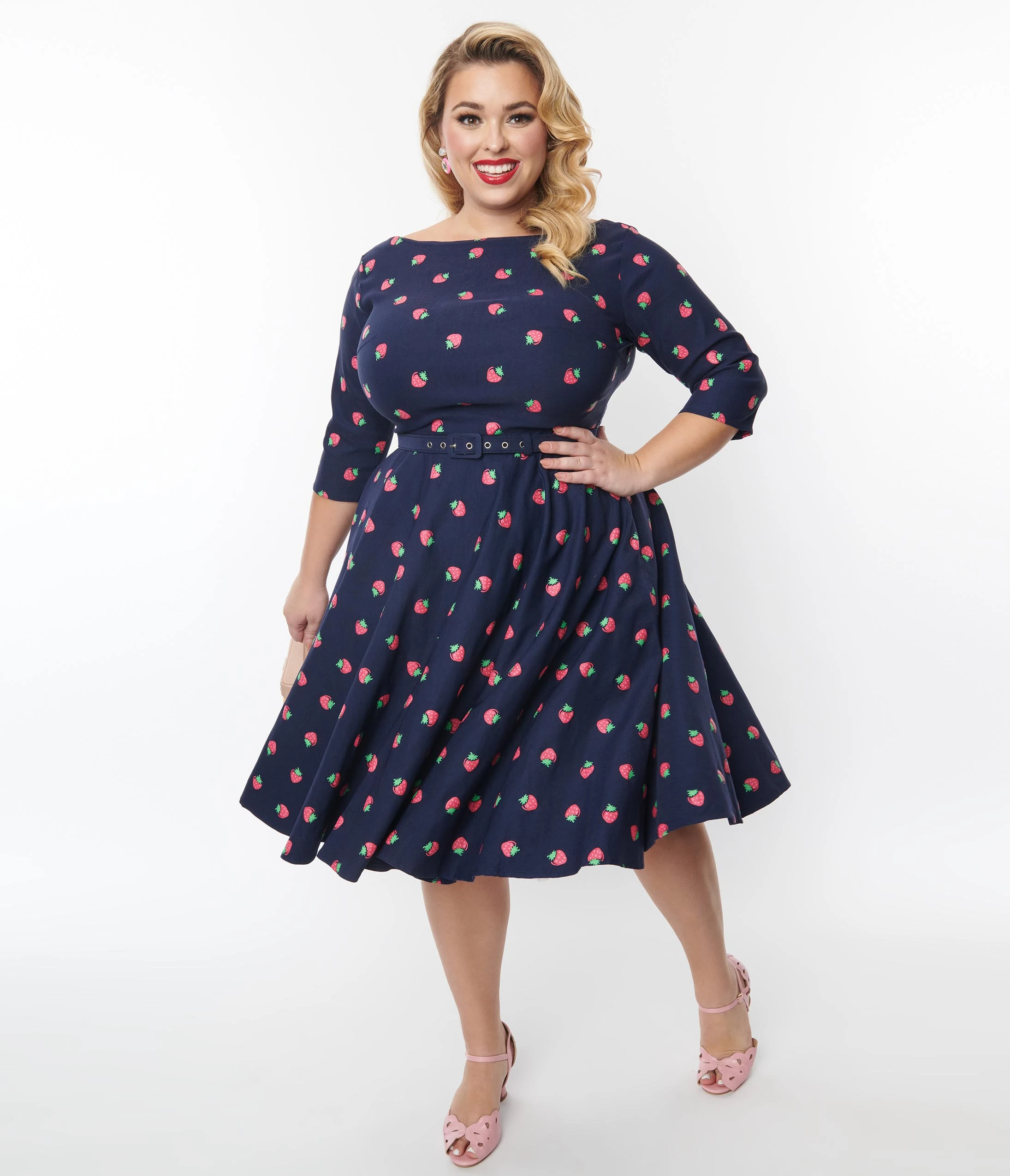 Unique Vintage Plus Size 1950s Navy & Strawberry Print Devon Swing Dress - Image 4