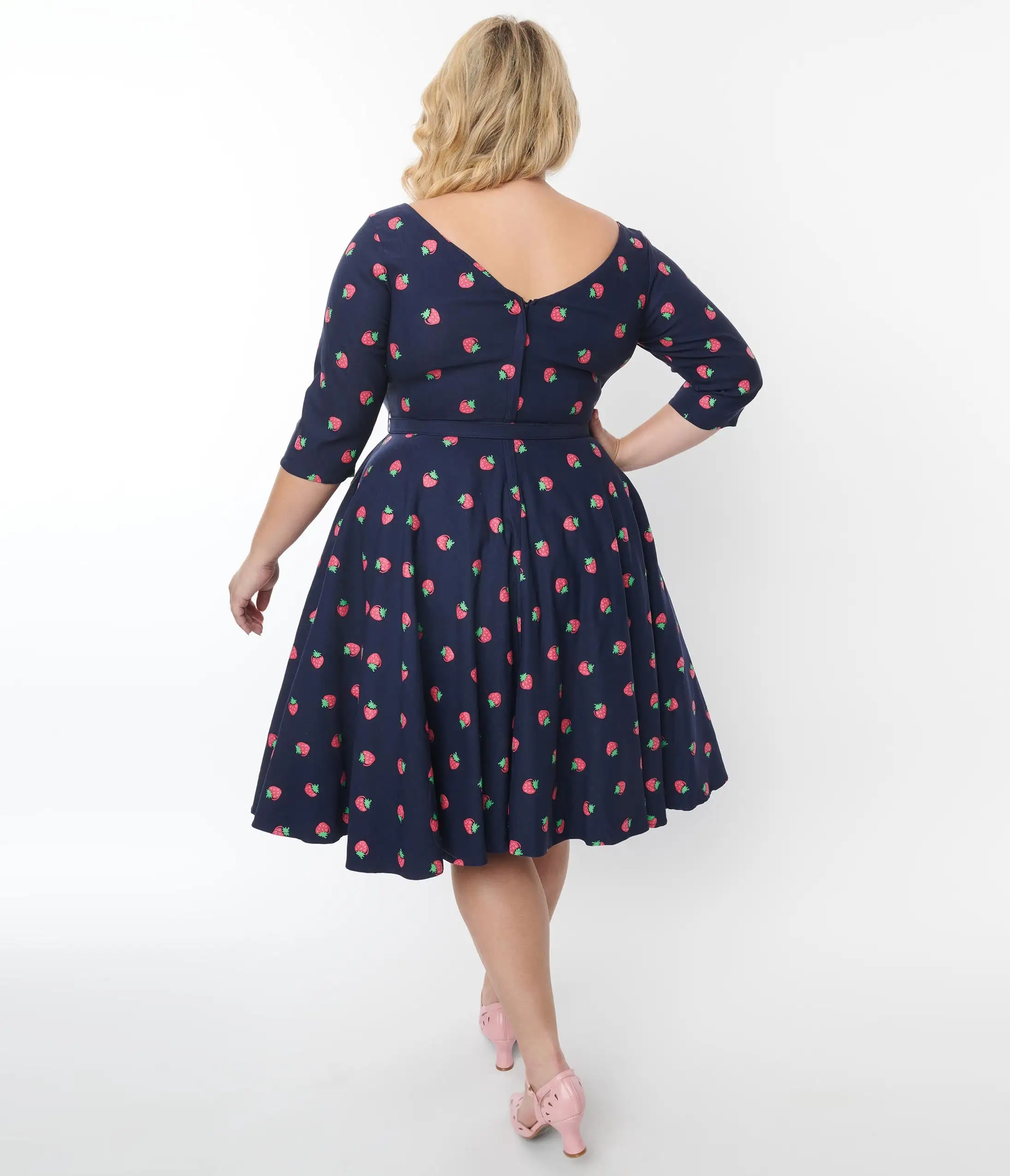 Unique Vintage Plus Size 1950s Navy & Strawberry Print Devon Swing Dress - Image 3