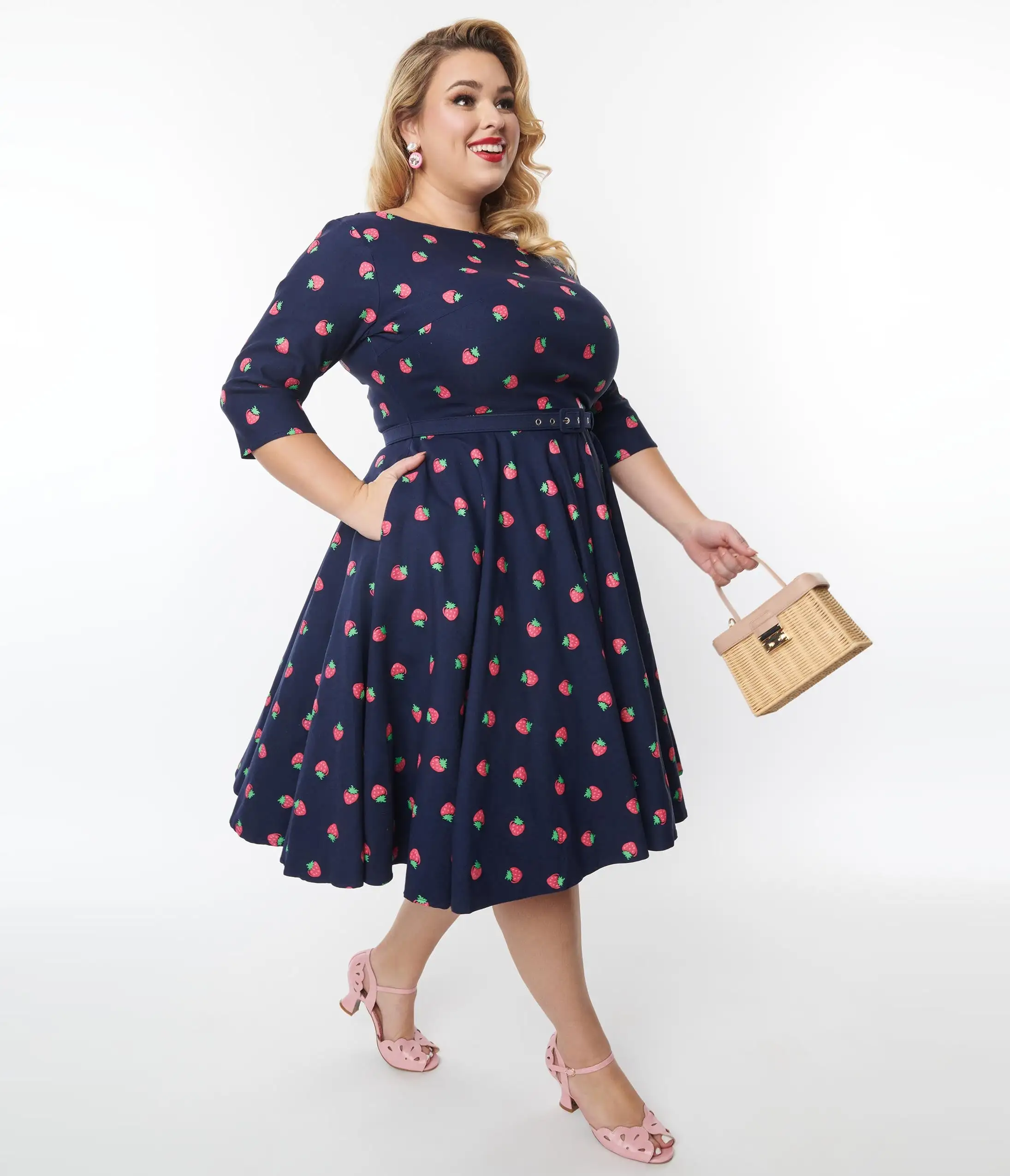 Unique Vintage Plus Size 1950s Navy & Strawberry Print Devon Swing Dress - Image 5