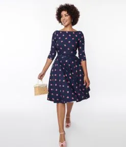 Unique Vintage 1950s Navy & Strawberry Print Devon Swing Dress