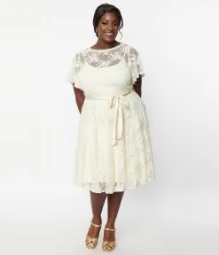 Unique Vintage Plus Size Ivory Floral Lace Bridal Swing Dress