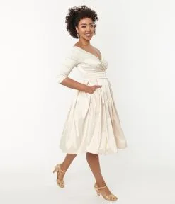 Unique Vintage Creamy Ivory Satin Marceline Swing Dress