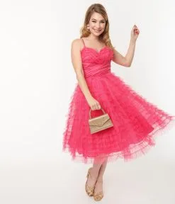 Unique Vintage Hot Pink Tulle Cupcake Swing Dress
