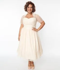 Unique Vintage Plus Size Peach Clip Dot Bridal Libby Swing Dress