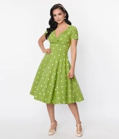 Unique Vintage Green & White Dot Short Sleeve Delores Swing Dress
