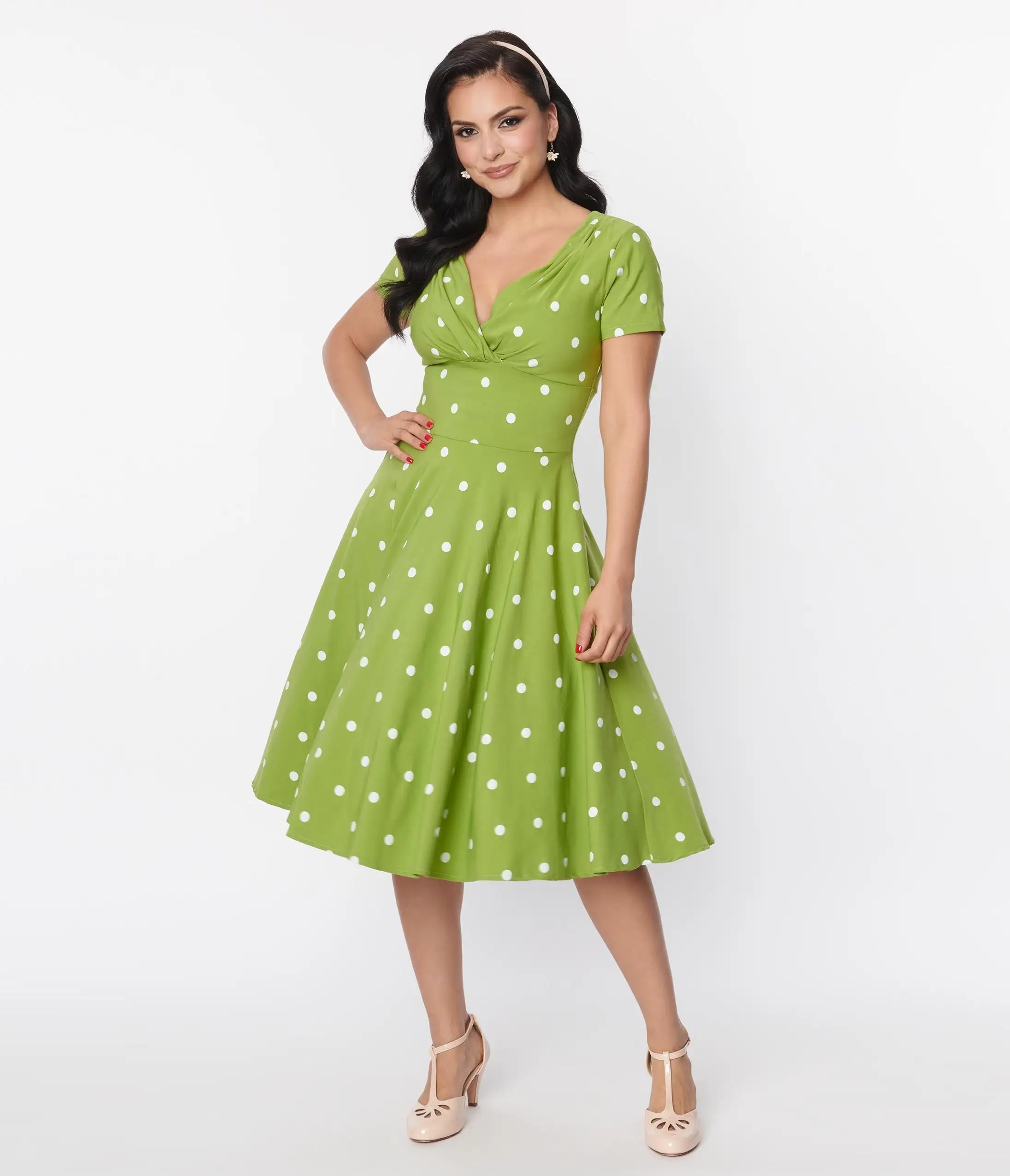 Unique Vintage Green & White Dot Short Sleeve Delores Swing Dress