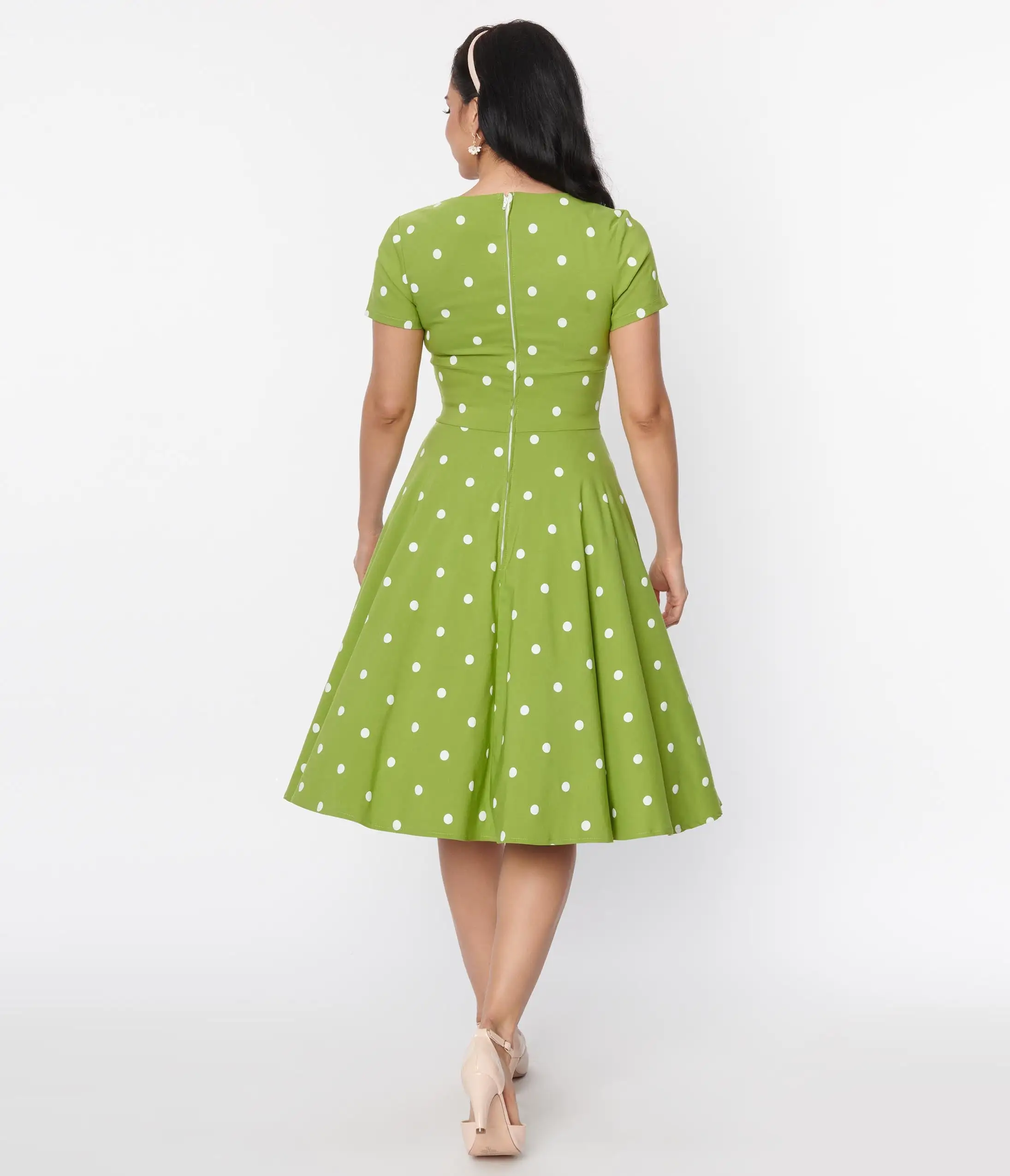 Unique Vintage Green & White Dot Short Sleeve Delores Swing Dress - Image 2