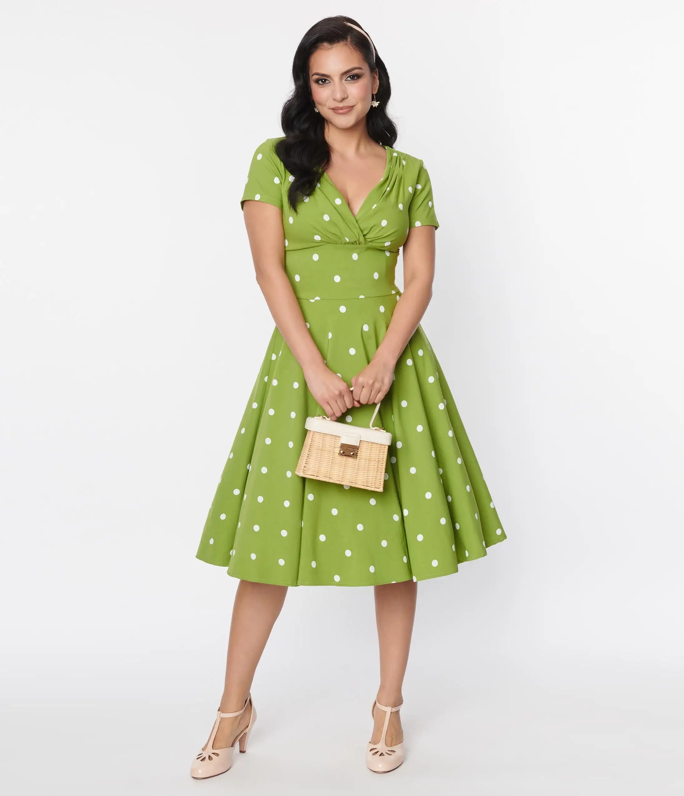 Unique Vintage Green & White Dot Short Sleeve Delores Swing Dress - Image 3