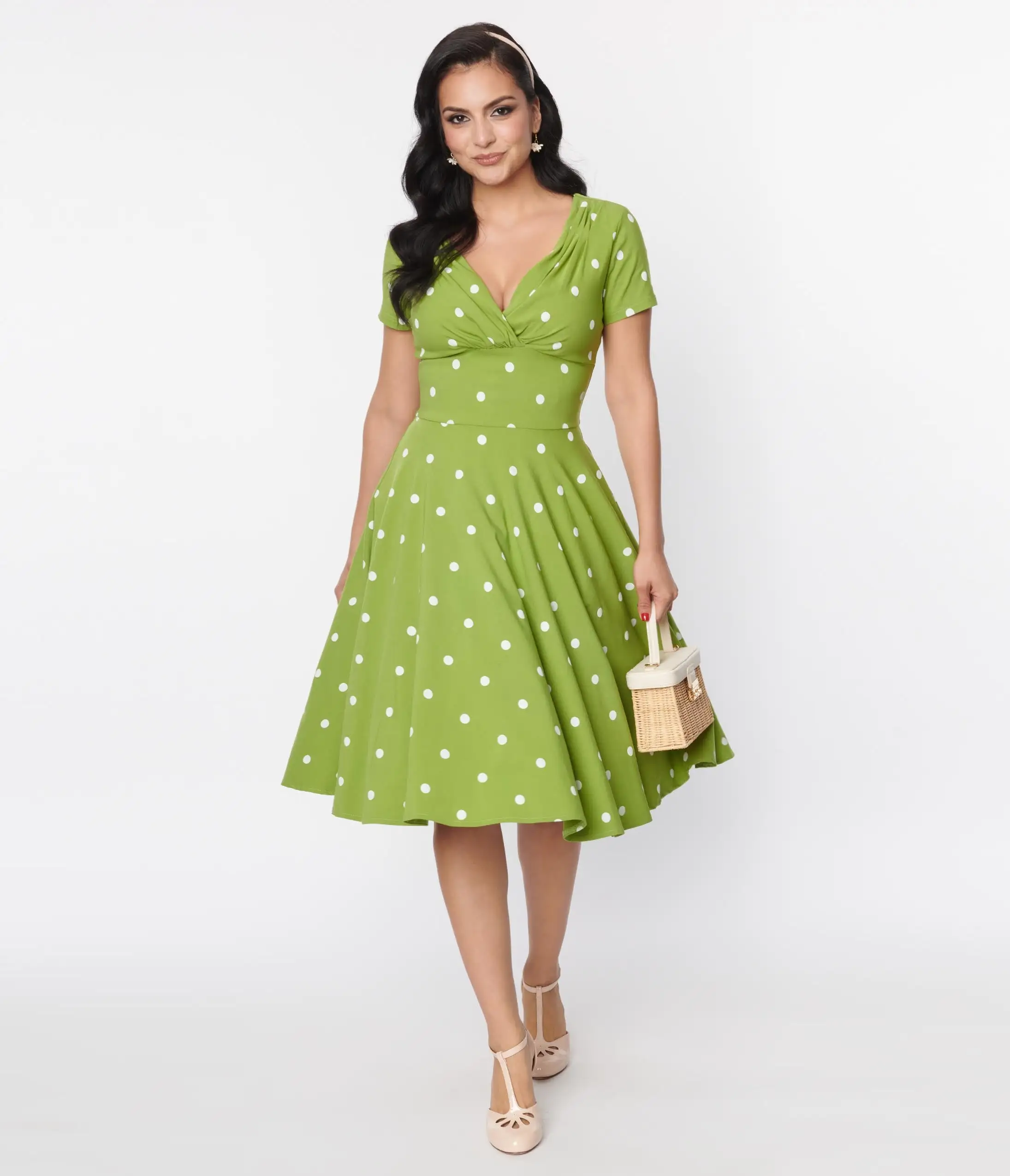 Unique Vintage Green & White Dot Short Sleeve Delores Swing Dress - Image 4