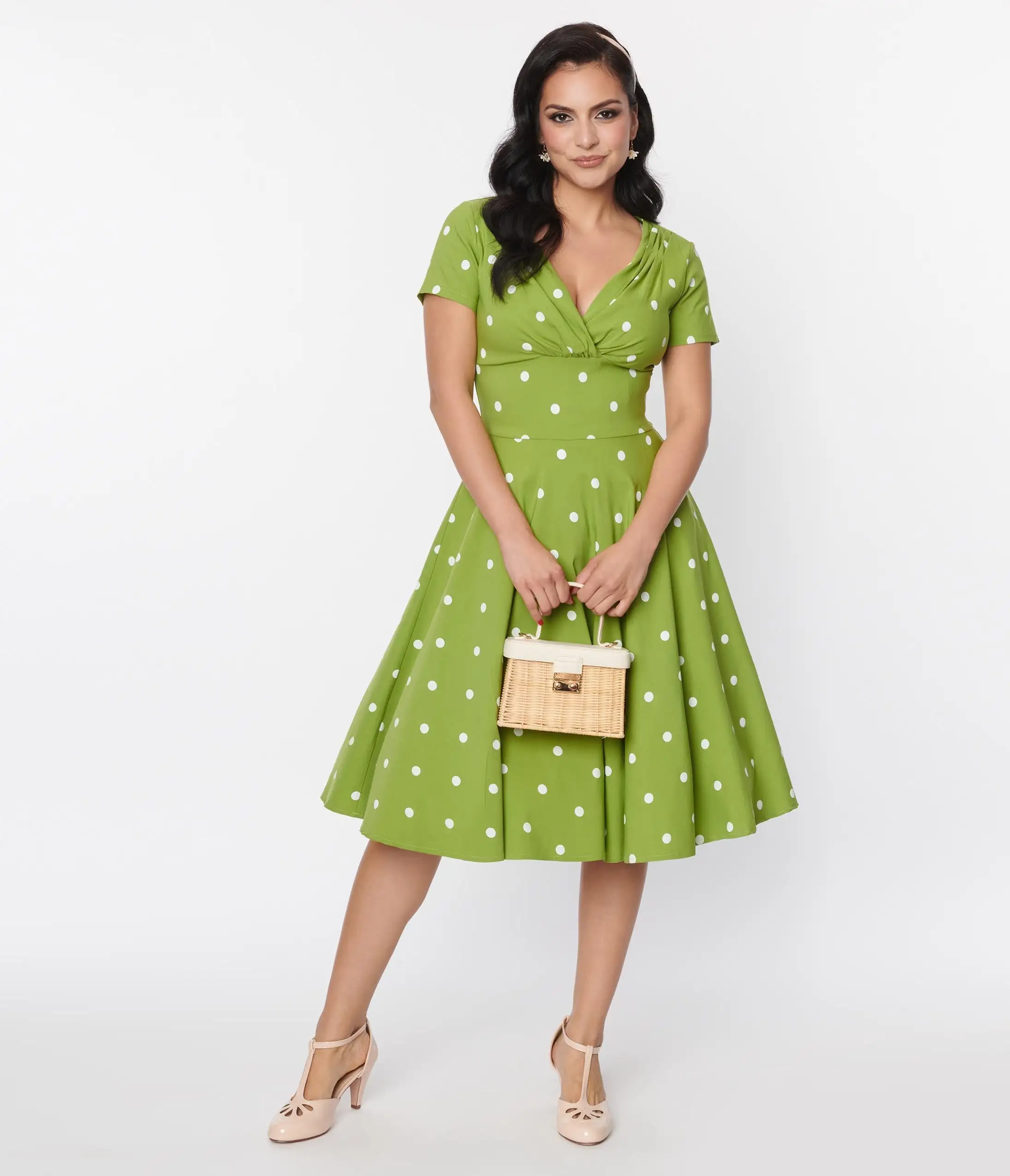 Unique Vintage Green & White Dot Short Sleeve Delores Swing Dress - Image 5