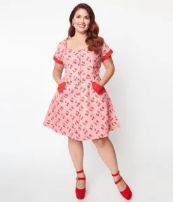 Unique Vintage Plus Size Pink Denim & Cherry Print Fit & Flare Dress