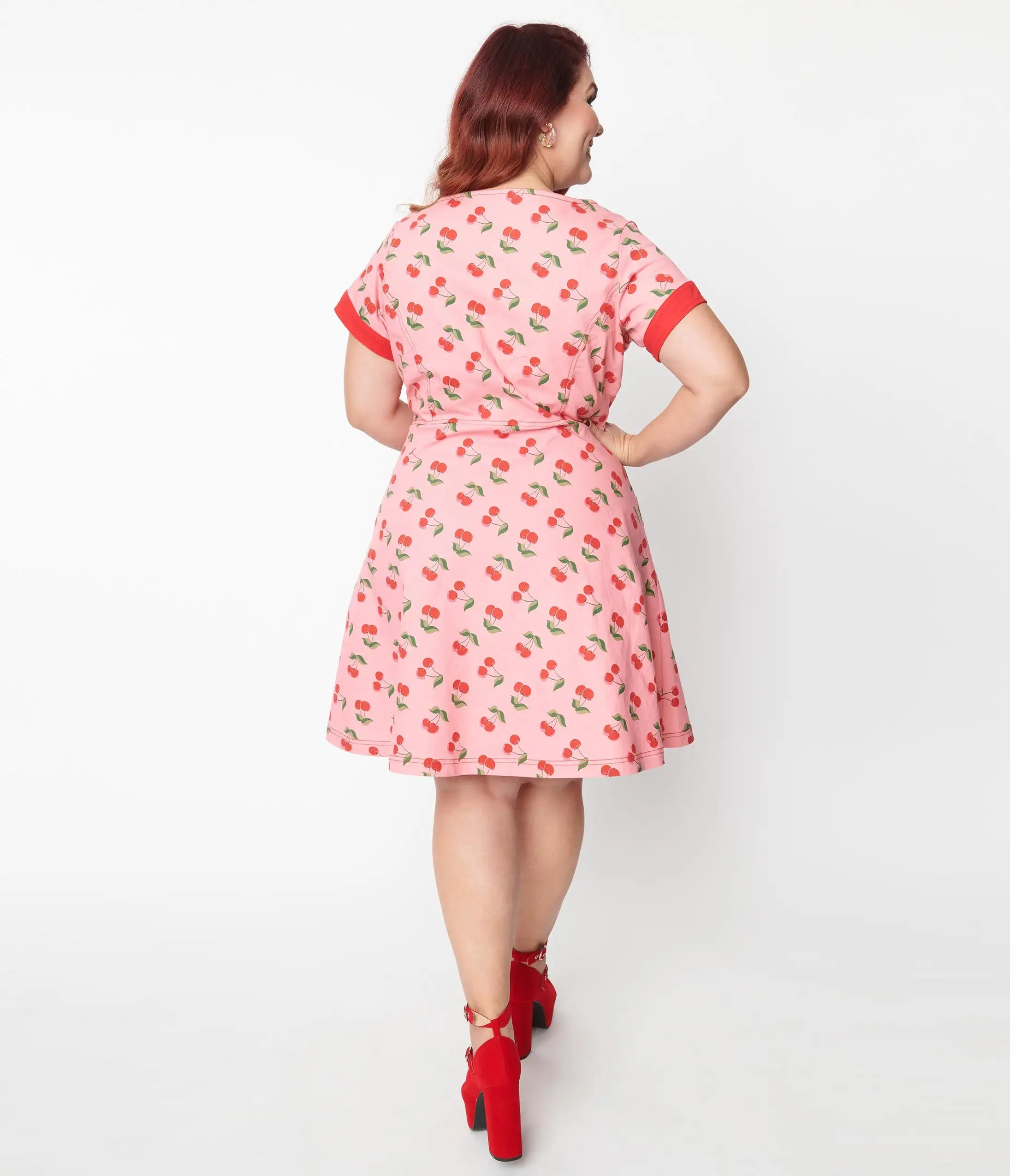 Unique Vintage Plus Size Pink Denim & Cherry Print Fit & Flare Dress - Image 3