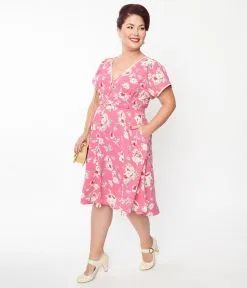 Unique Vintage Plus Size Fuchsia Floral Flutter Sleeve Swing Dress