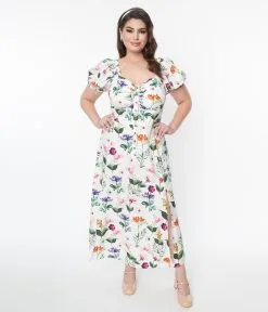 Unique Vintage Plus Size White & Multicolor Floral Midi Dress