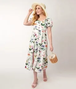 Unique Vintage White & Multicolor Floral Midi Dress