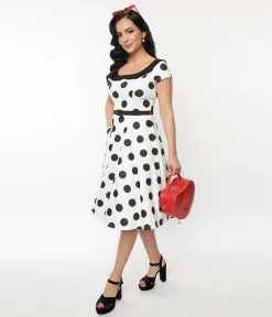Unique Vintage Ivory & Black Dot Contrast Collared Swing Dress