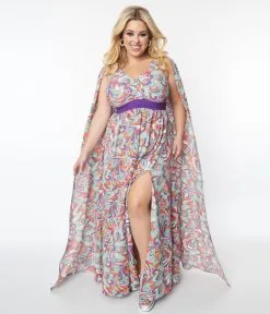 Unique Vintage Plus Size Purple & Mint Psychedelic Wave Print Cape Maxi Dress