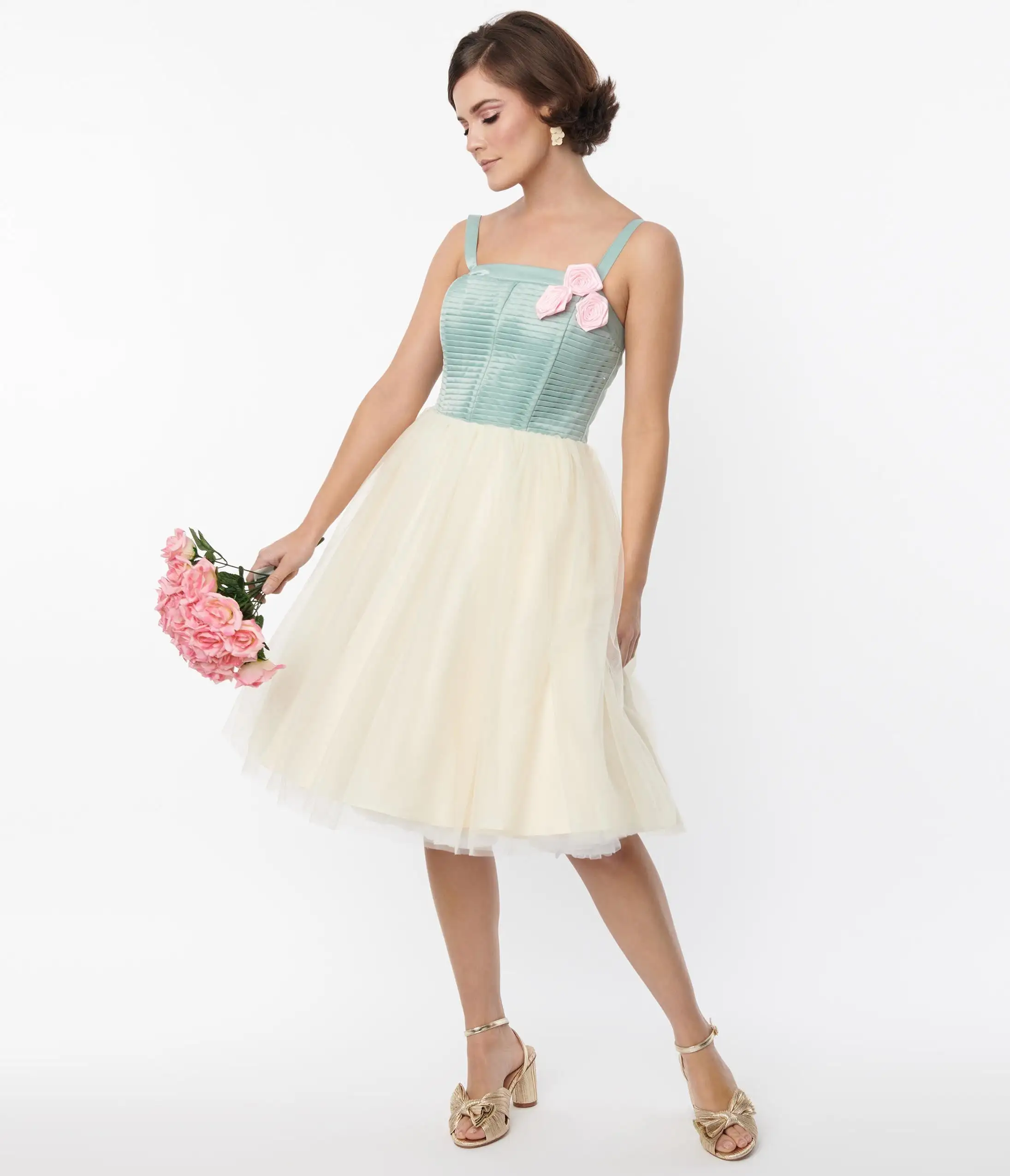Unique Vintage Sage & Ivory Tulle Swing Dress