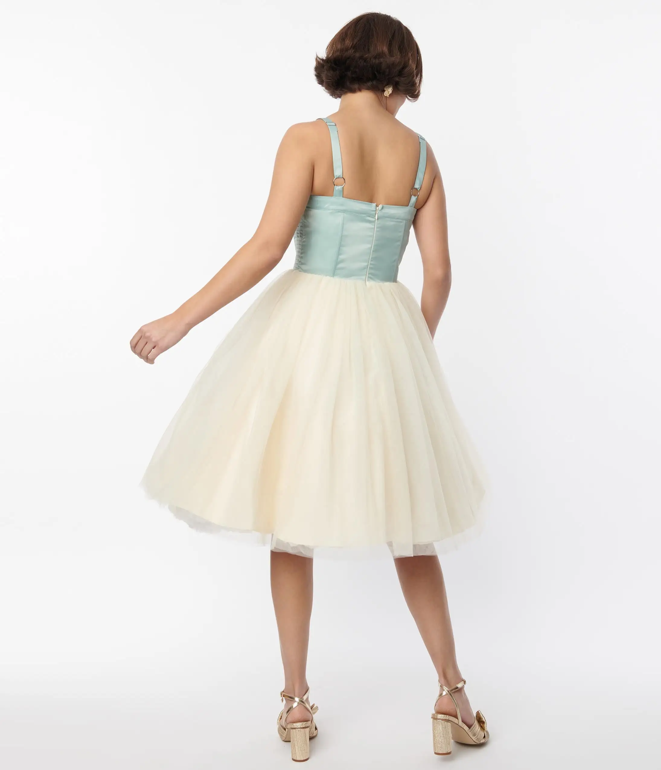 Unique Vintage Sage & Ivory Tulle Swing Dress - Image 3