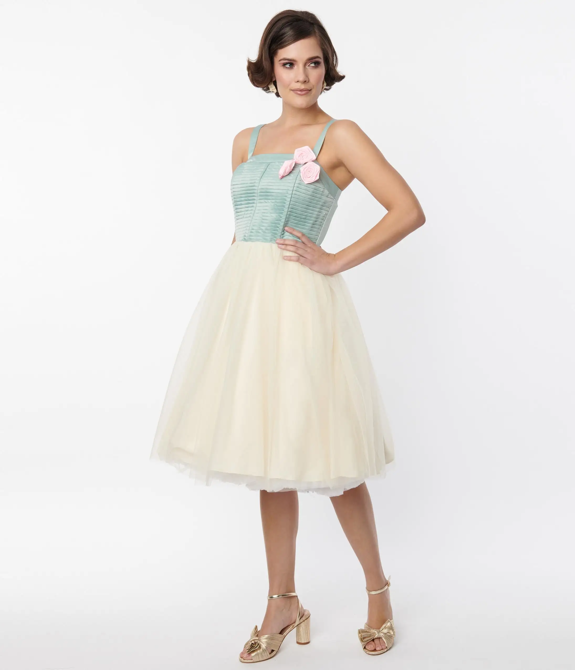 Unique Vintage Sage & Ivory Tulle Swing Dress - Image 4