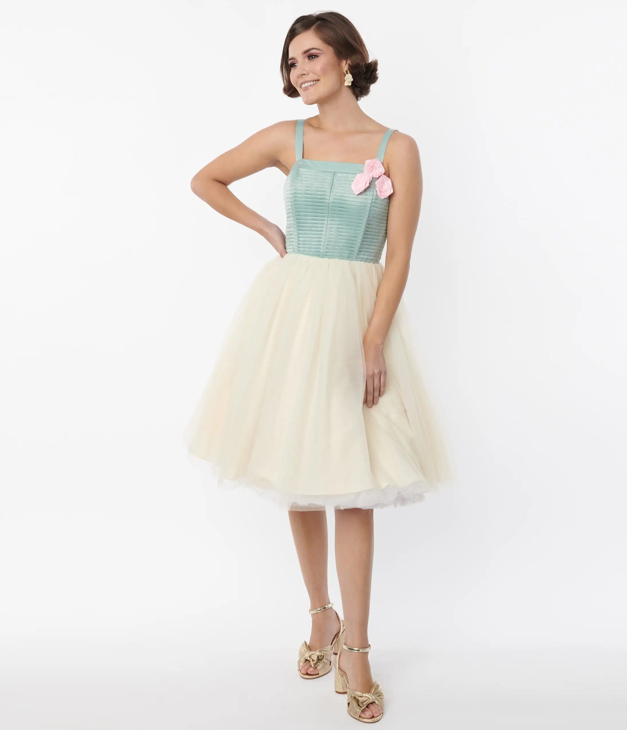 Unique Vintage Sage & Ivory Tulle Swing Dress - Image 5