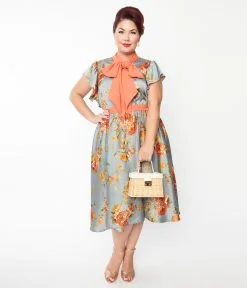 Unique Vintage Plus Size Antique Blue & Orange Floral Satin Swing Dress