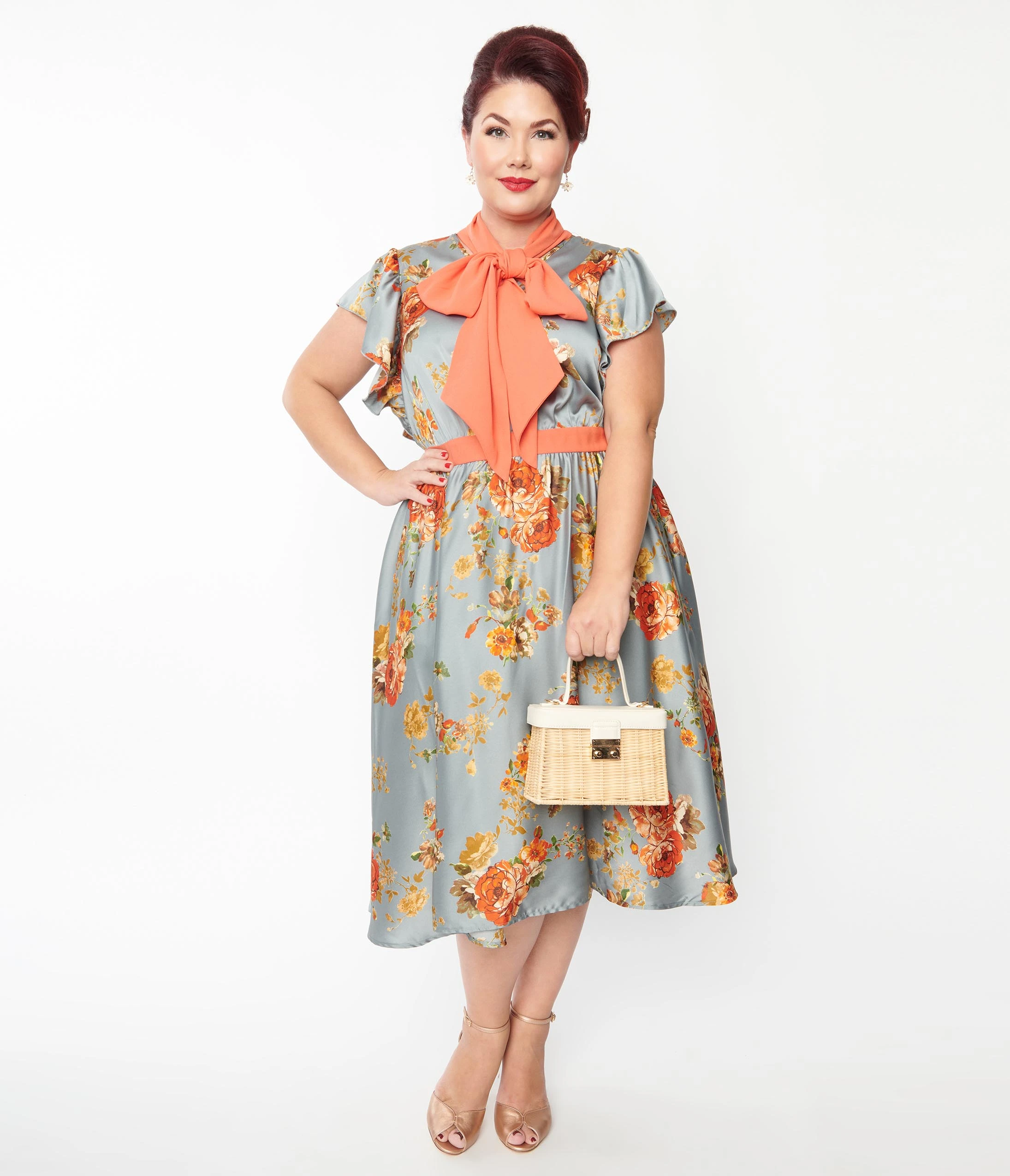 Unique Vintage Plus Size Antique Blue & Orange Floral Satin Swing Dress