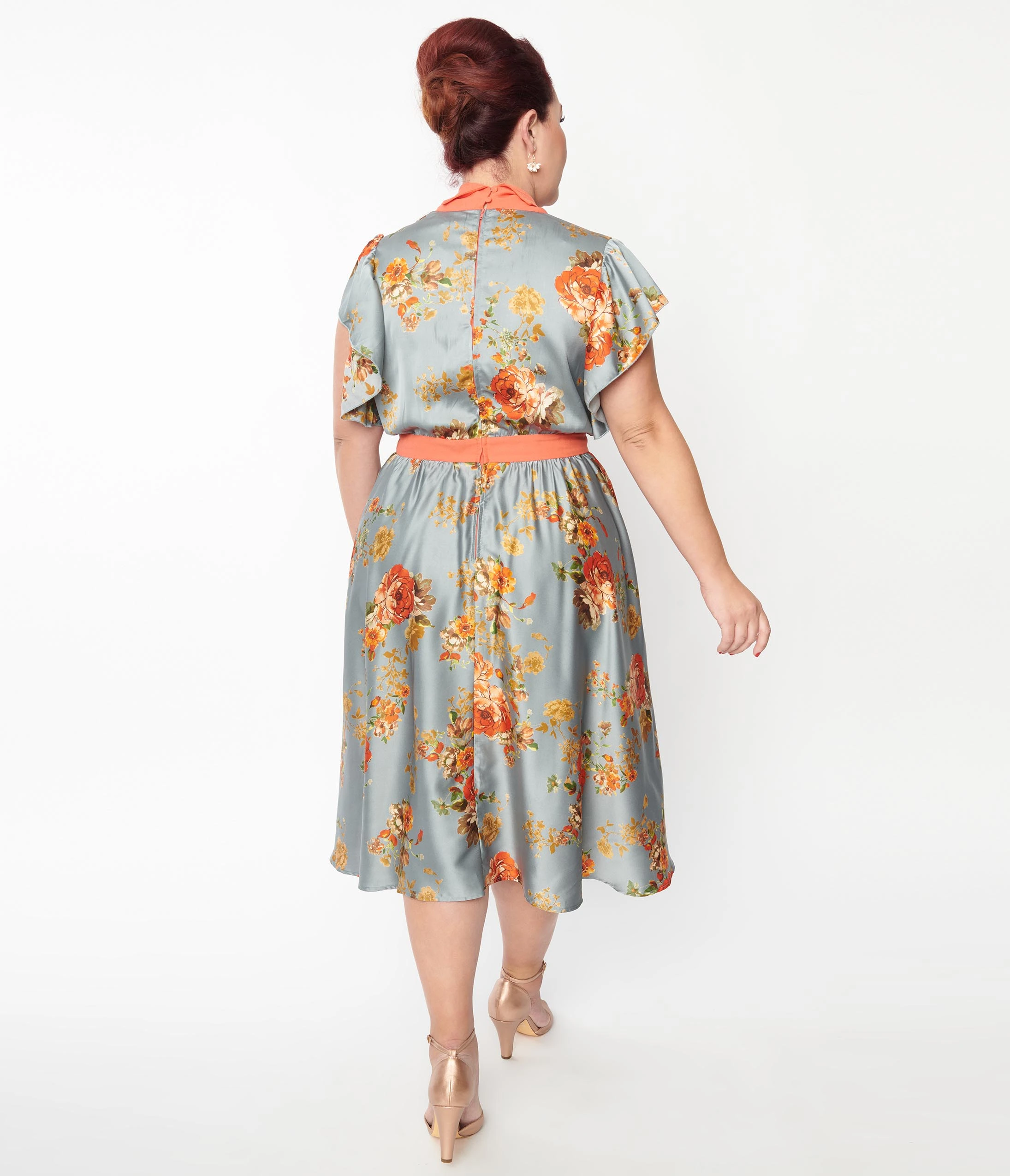 Unique Vintage Plus Size Antique Blue & Orange Floral Satin Swing Dress - Image 3