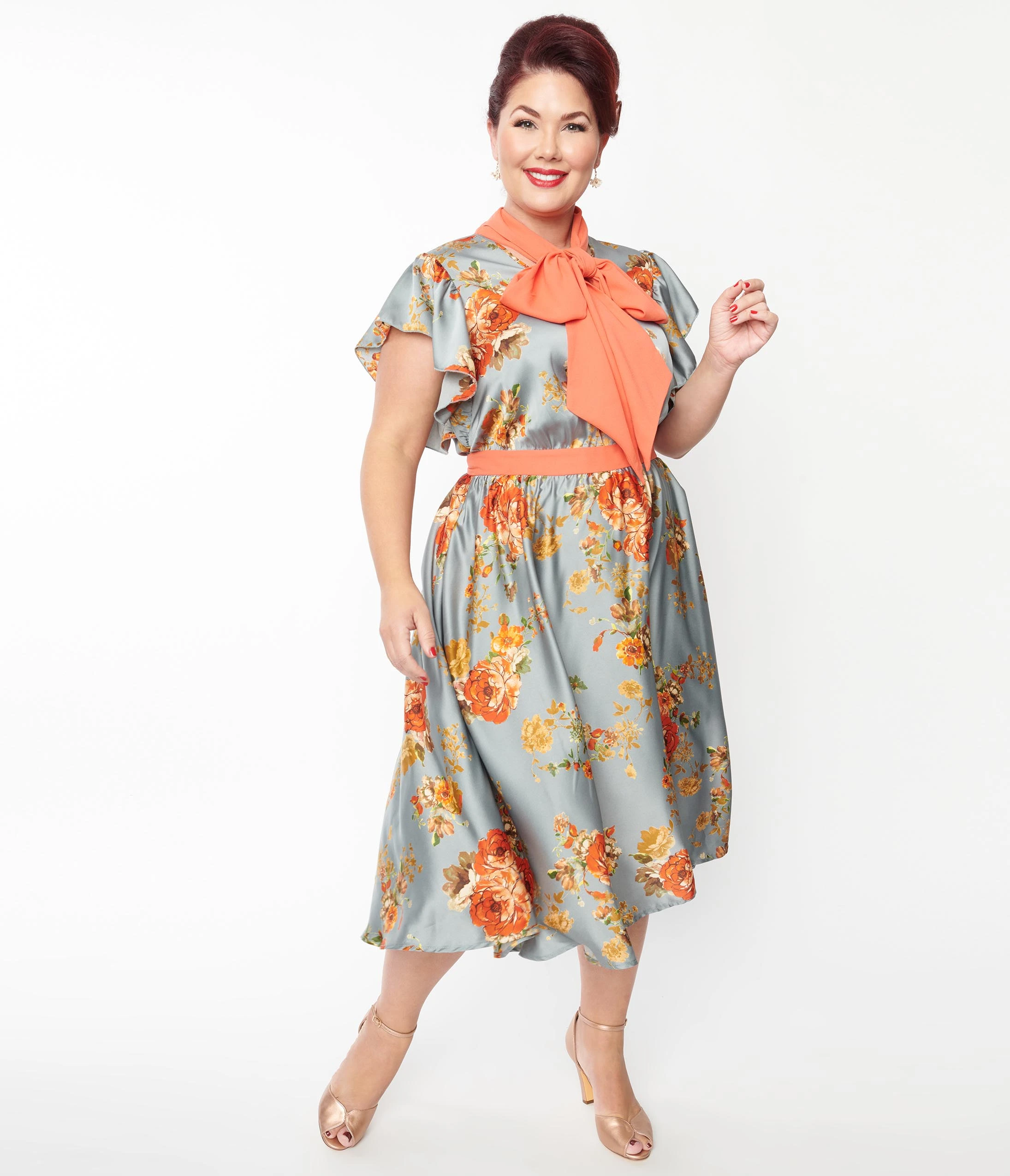 Unique Vintage Plus Size Antique Blue & Orange Floral Satin Swing Dress - Image 4