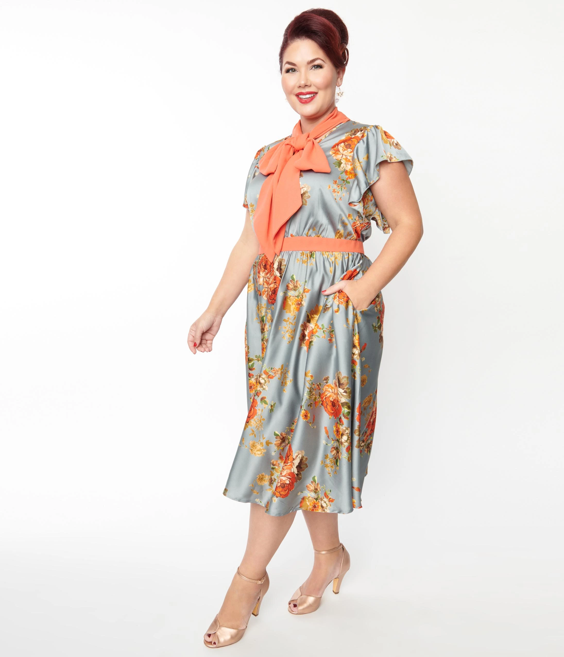 Unique Vintage Plus Size Antique Blue & Orange Floral Satin Swing Dress - Image 5