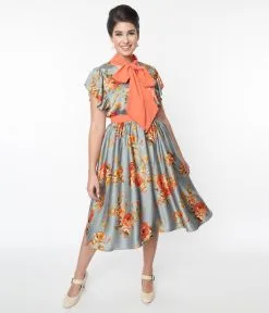 Unique Vintage Antique Blue & Orange Floral Satin Swing Dress