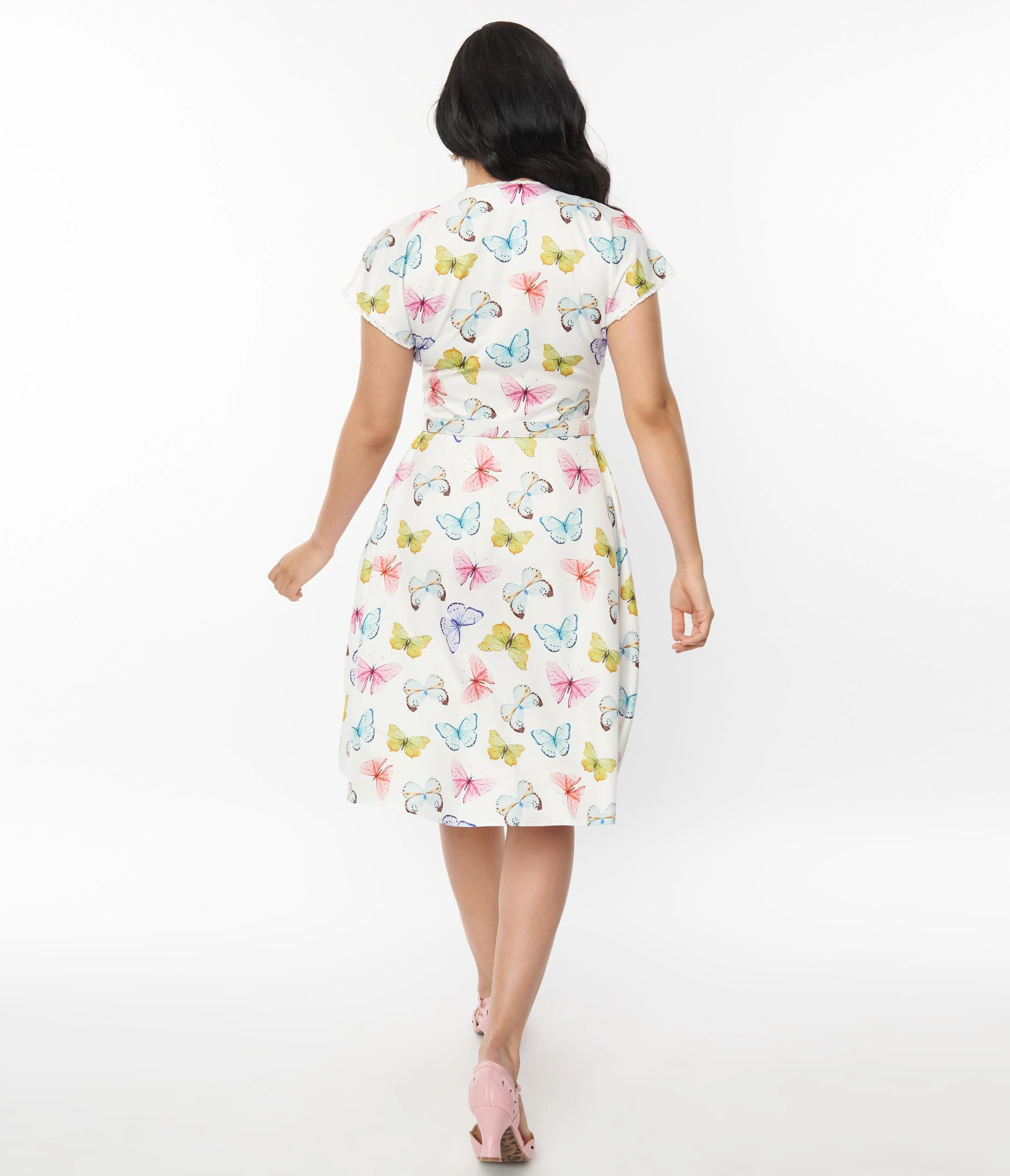Unique Vintage White Butterfly Flutter Sleeve Swing Dress - Image 3