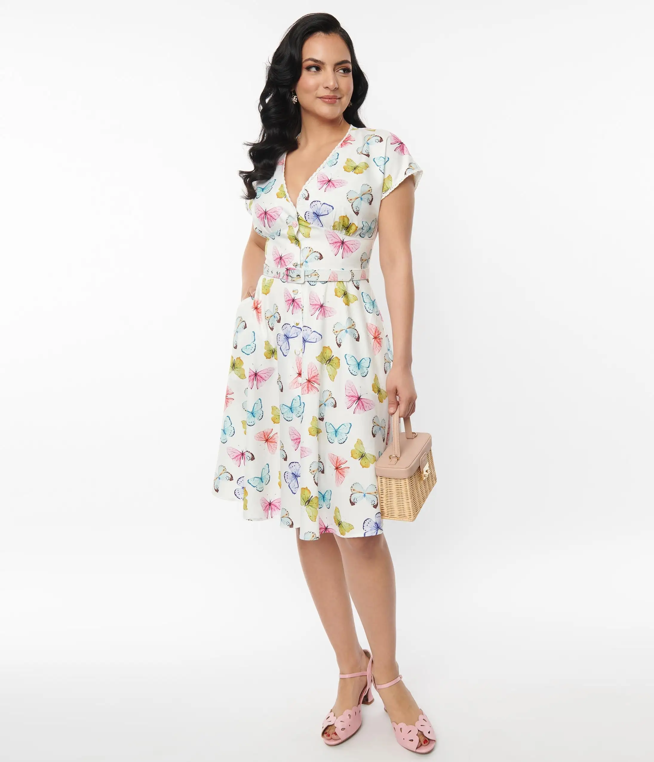 Unique Vintage White Butterfly Flutter Sleeve Swing Dress - Image 5