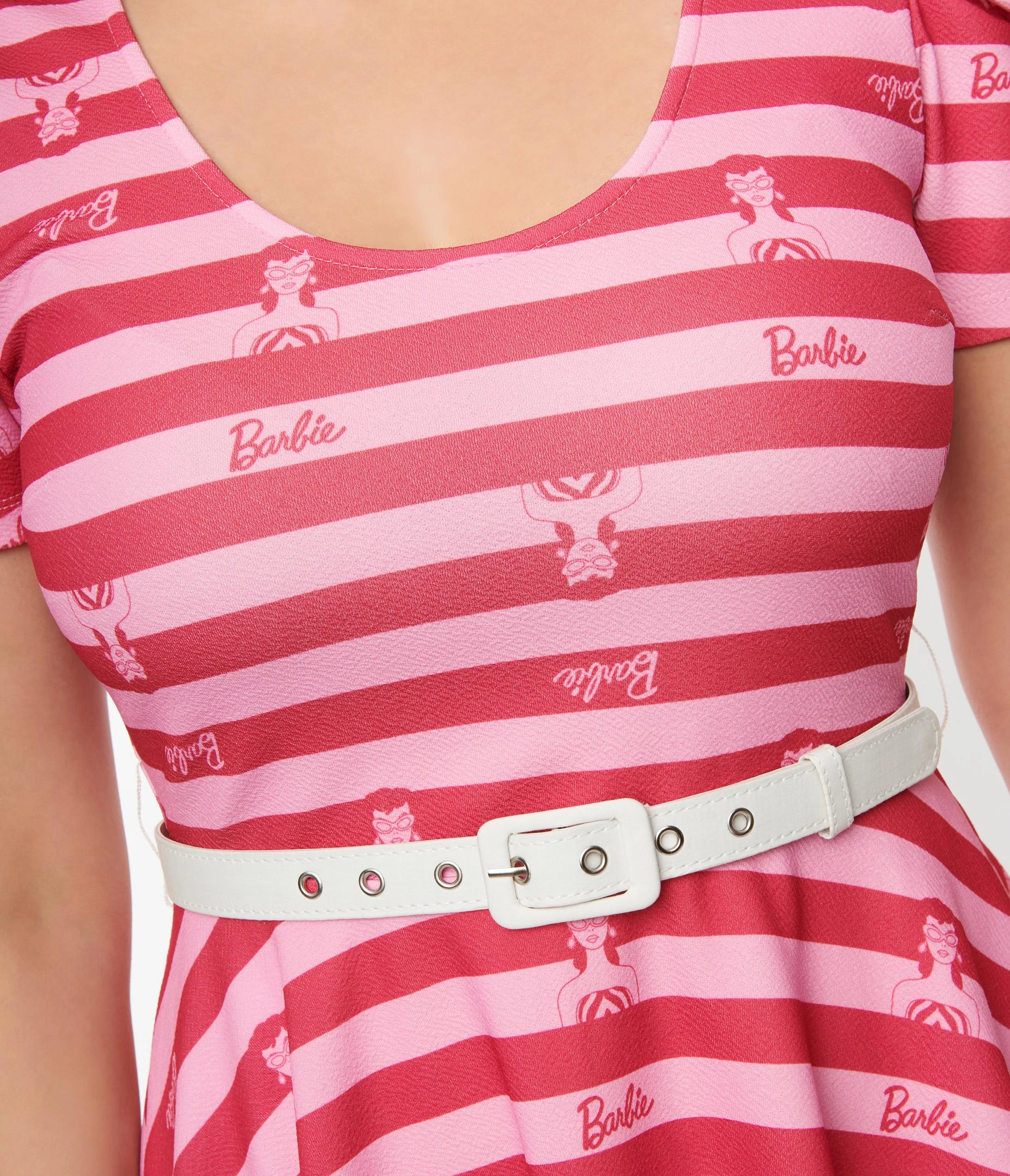 Barbie™ X Unique Vintage Pink Stripe Barbie™ Icon Flare Dress - Image 2