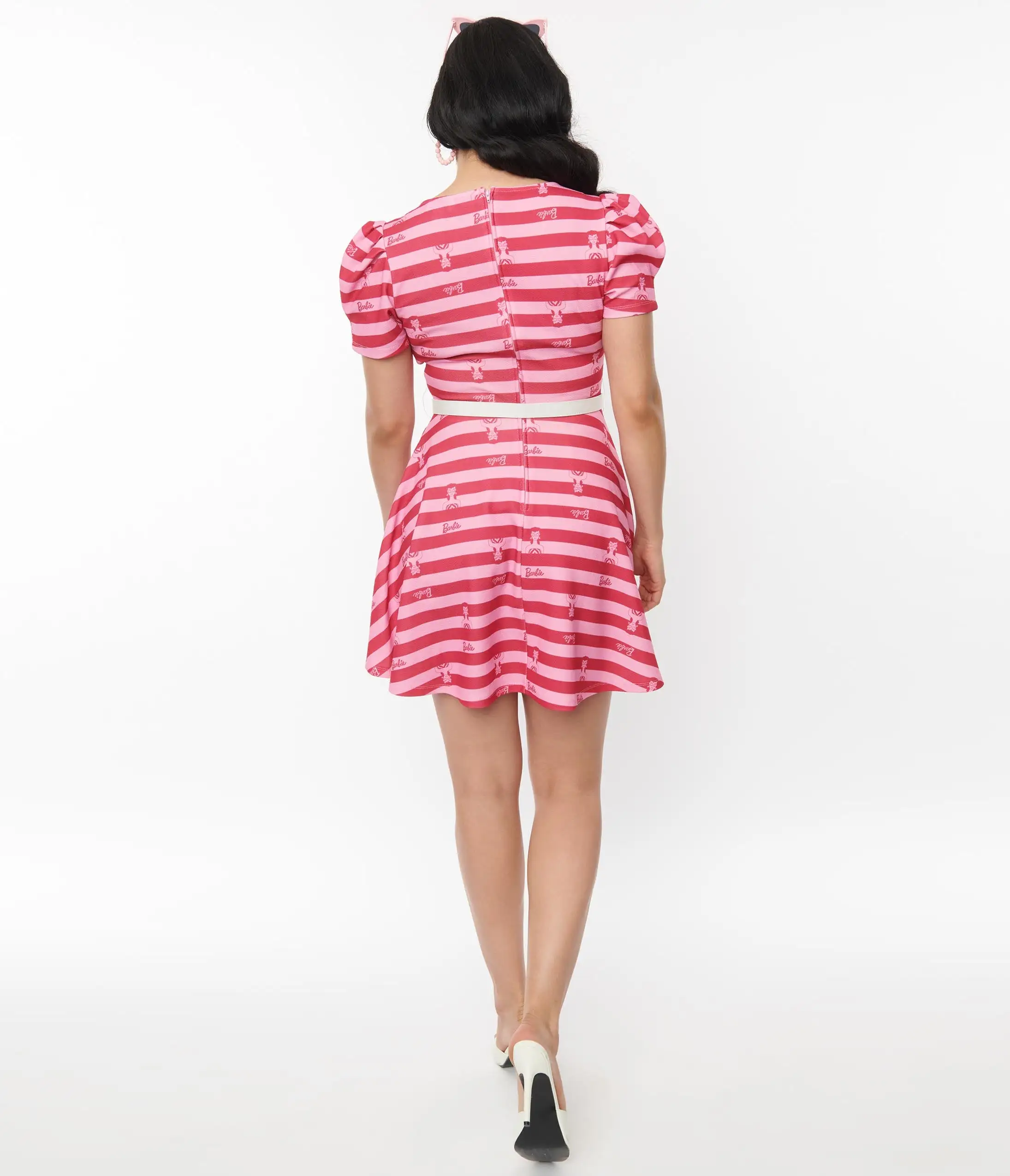 Barbie™ X Unique Vintage Pink Stripe Barbie™ Icon Flare Dress - Image 3