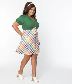 Smak Parlour Plus Size Green & Rainbow Gingham Mini Shirt Dress