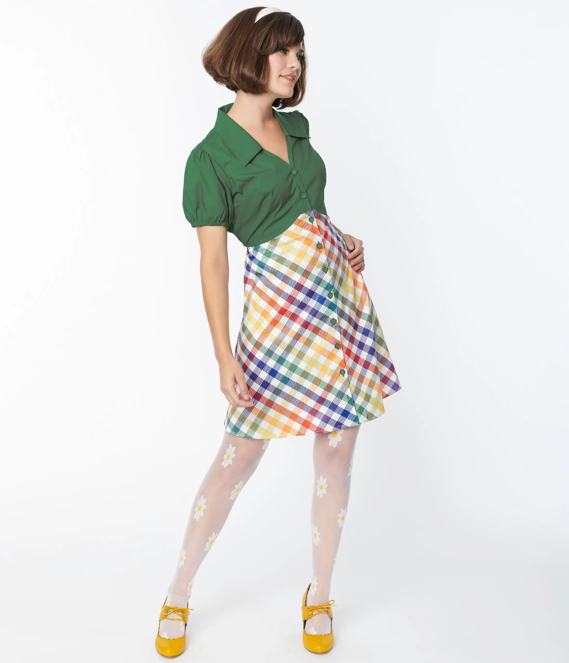 Smak Parlour Green & Rainbow Gingham Mini Shirt Dress