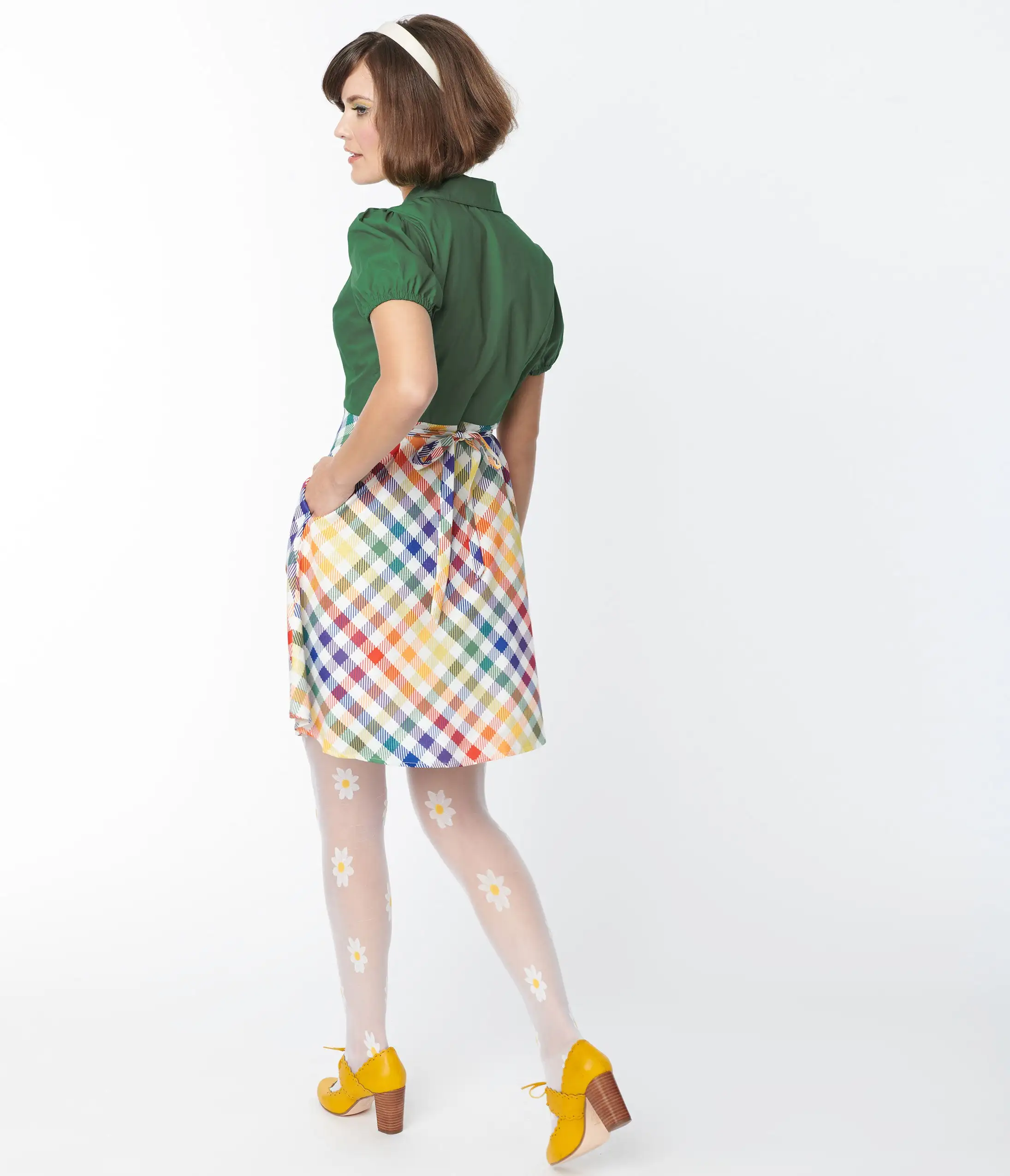 Smak Parlour Green & Rainbow Gingham Mini Shirt Dress - Image 3
