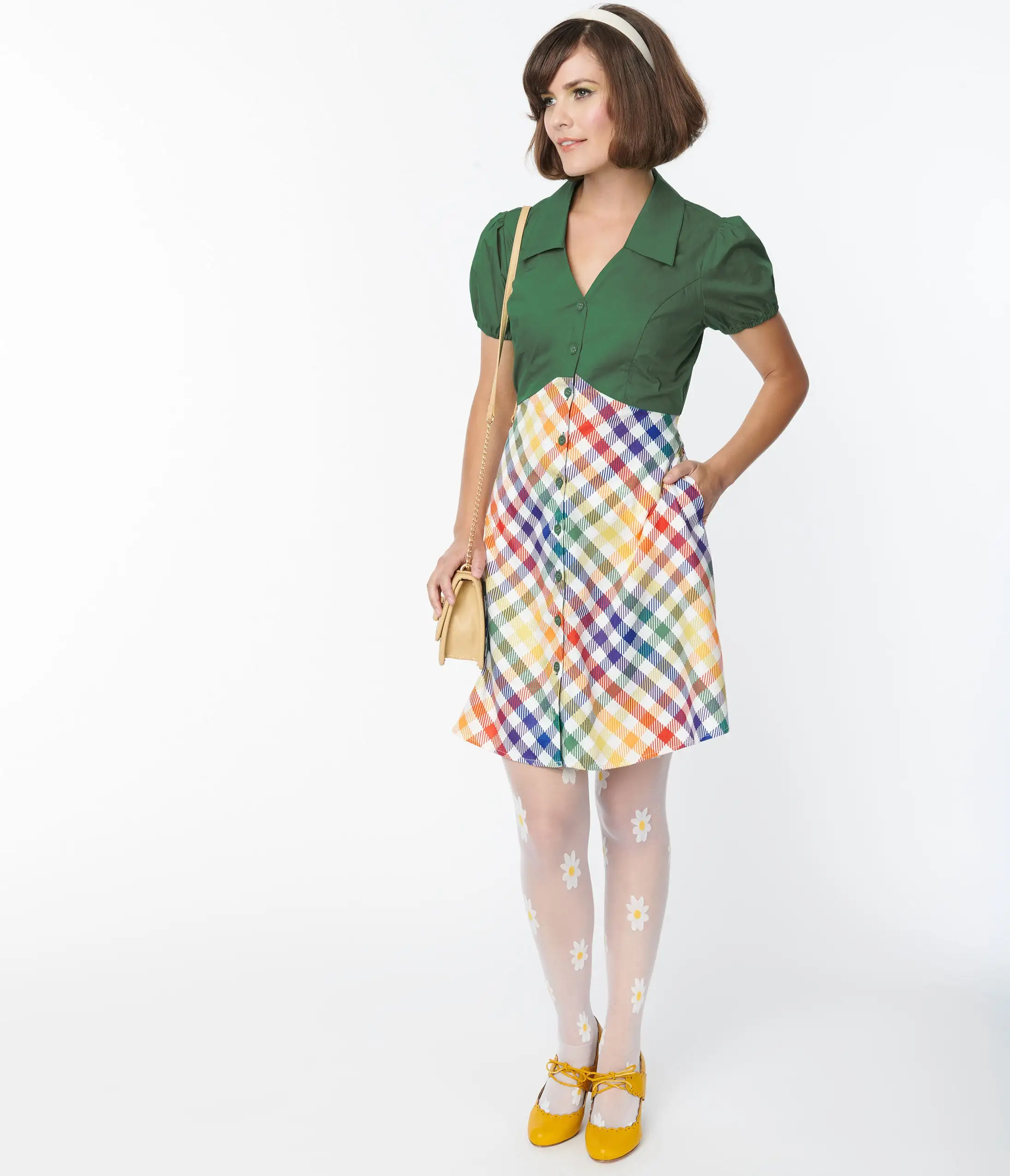 Smak Parlour Green & Rainbow Gingham Mini Shirt Dress - Image 4
