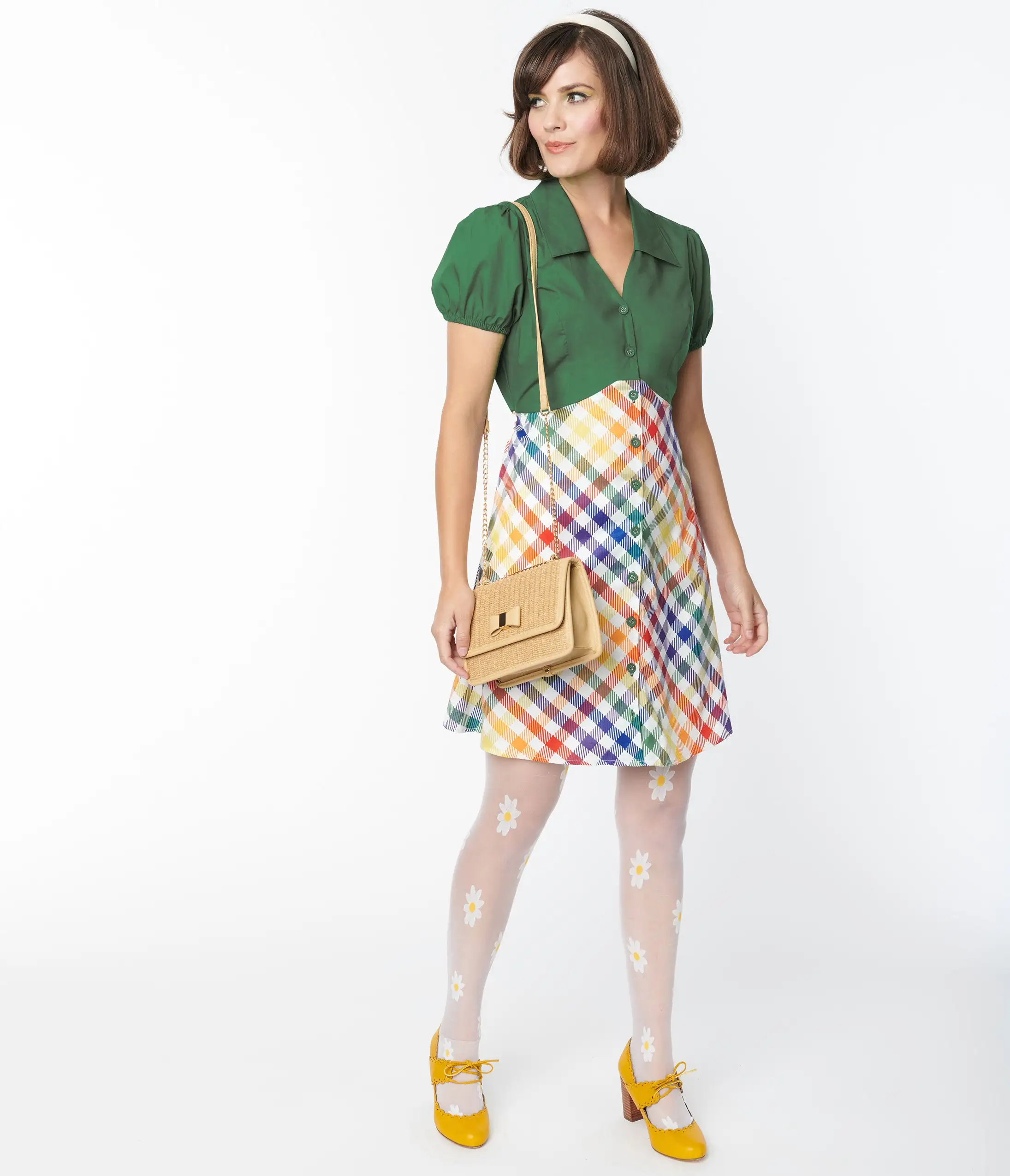 Smak Parlour Green & Rainbow Gingham Mini Shirt Dress - Image 5