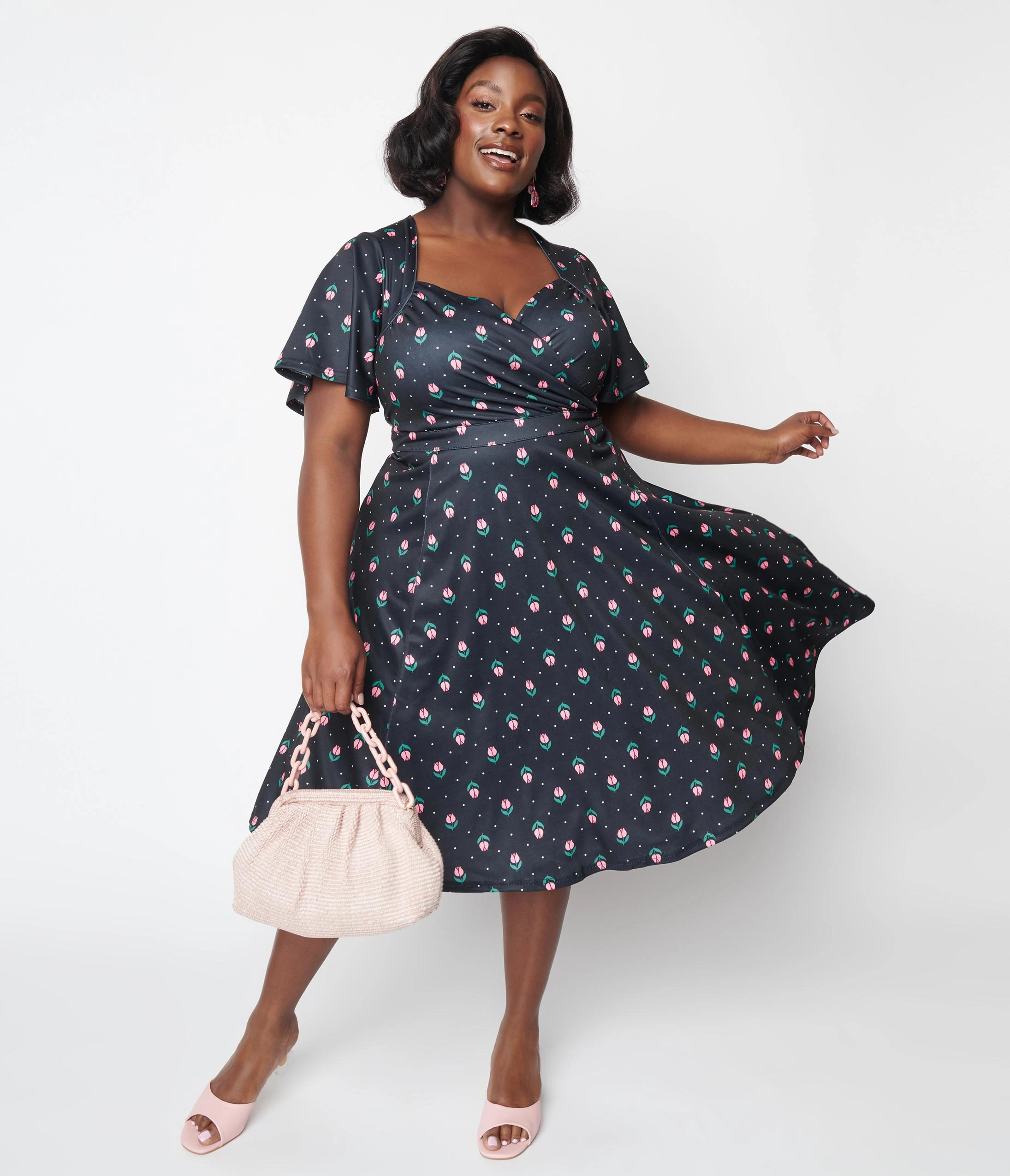 Unique Vintage Curve 1950s Black Tulip Pin Dot Swing Dress - Image 4