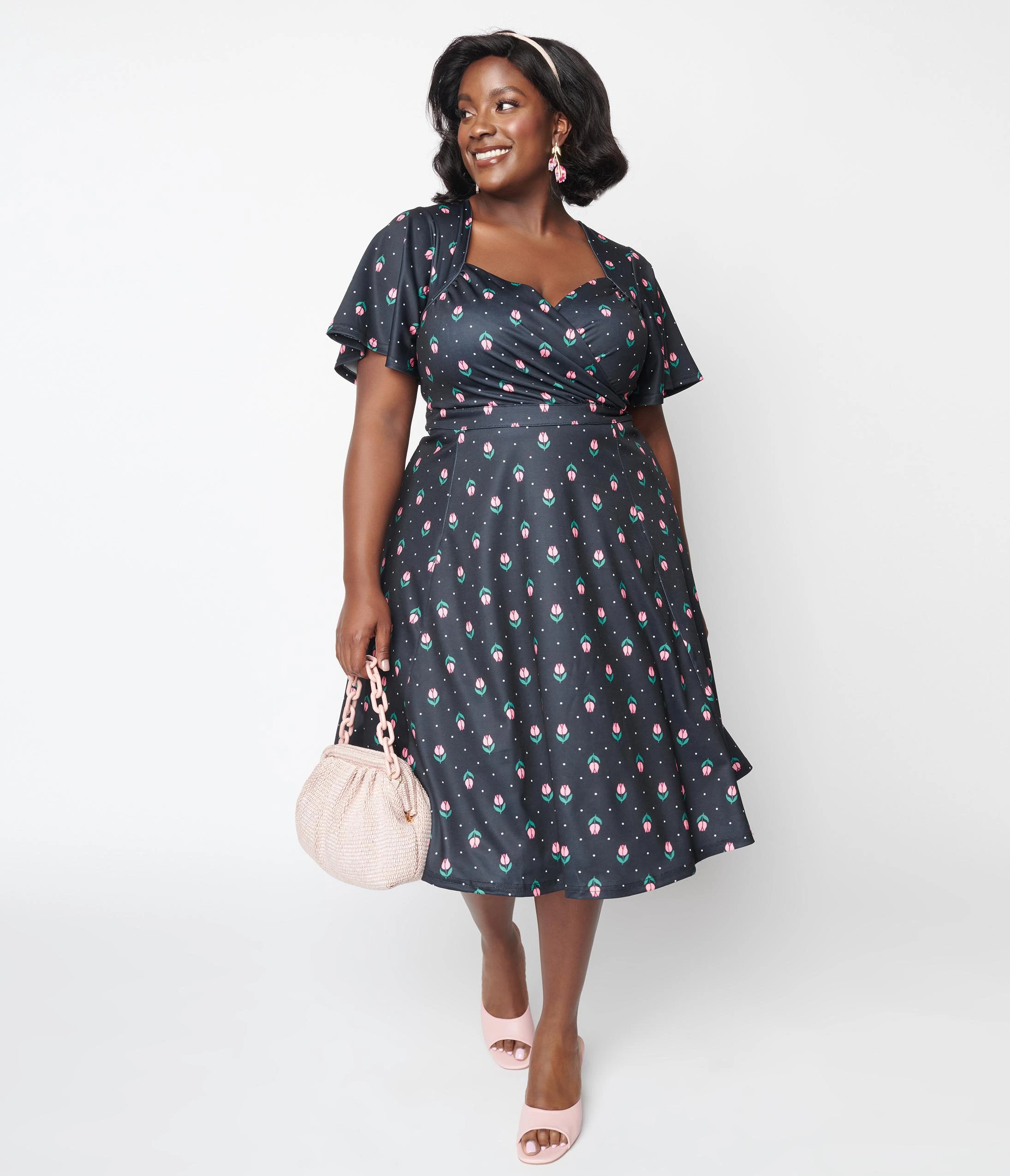 Unique Vintage Curve 1950s Black Tulip Pin Dot Swing Dress - Image 5
