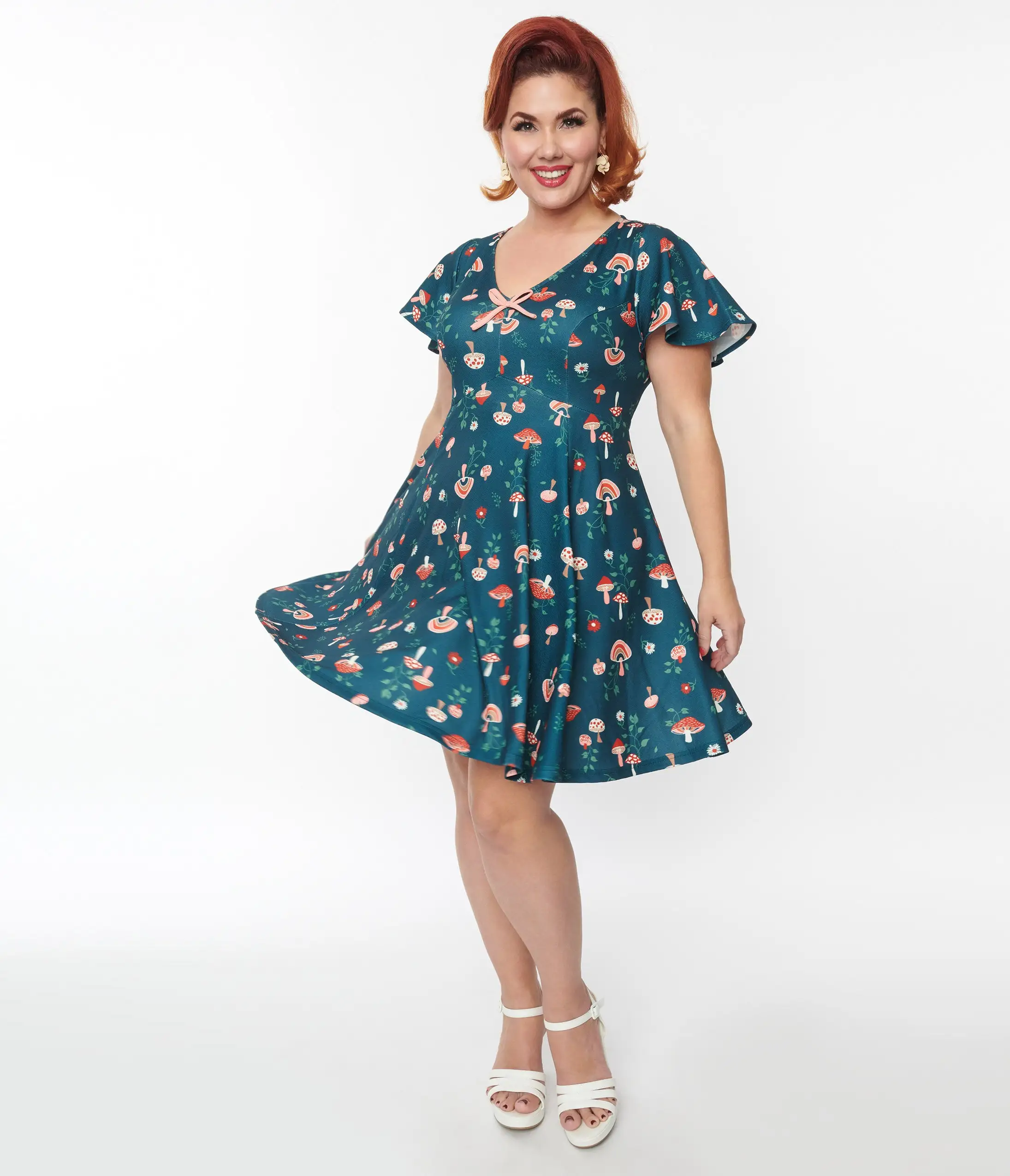 Unique Vintage Curve Green Mushroom Print Fit & Flare Flutter Dress