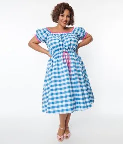 Unique Vintage Curve Blue & White Gingham Picnic Swing Dress