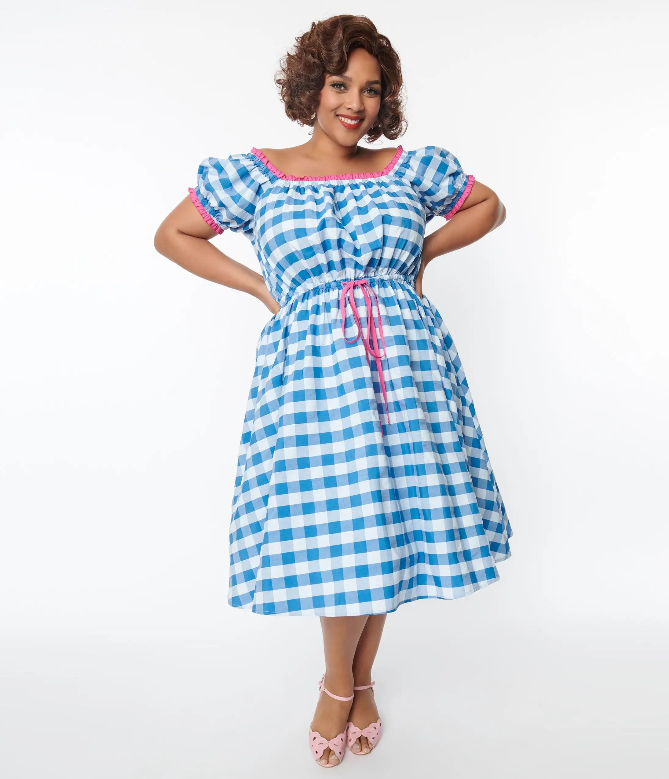 Unique Vintage Curve Blue & White Gingham Picnic Swing Dress