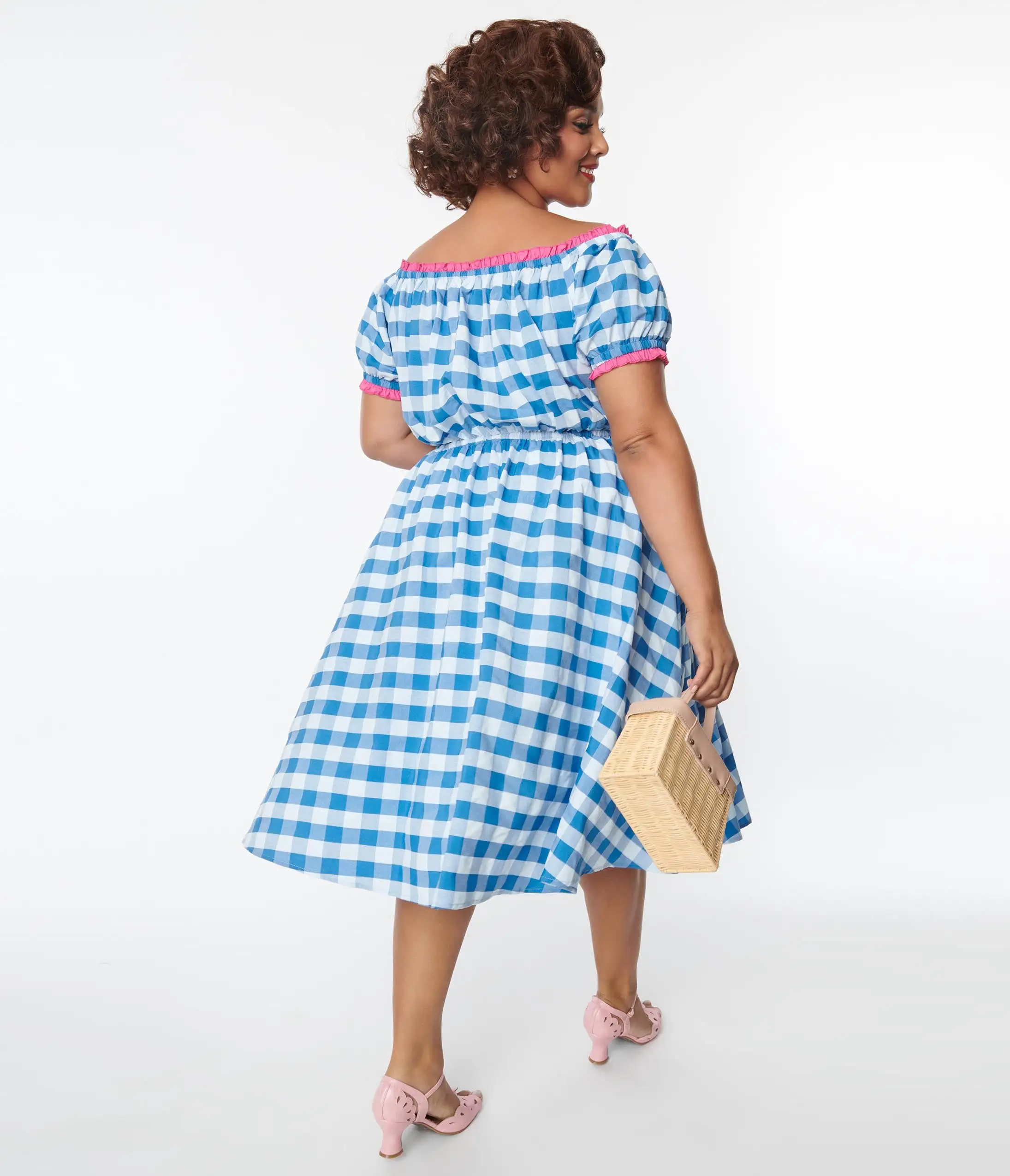 Unique Vintage Curve Blue & White Gingham Picnic Swing Dress - Image 3