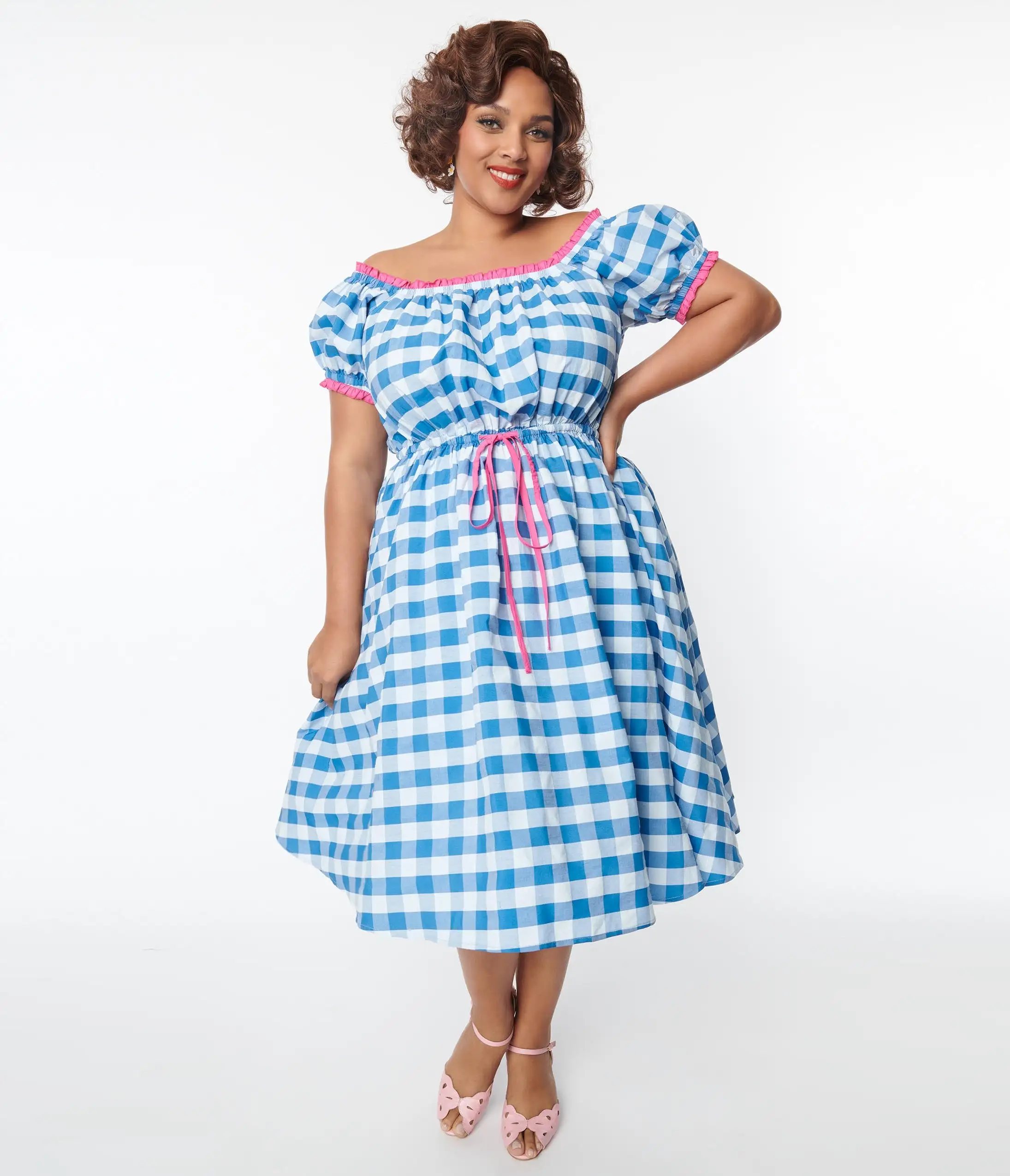 Unique Vintage Curve Blue & White Gingham Picnic Swing Dress - Image 4