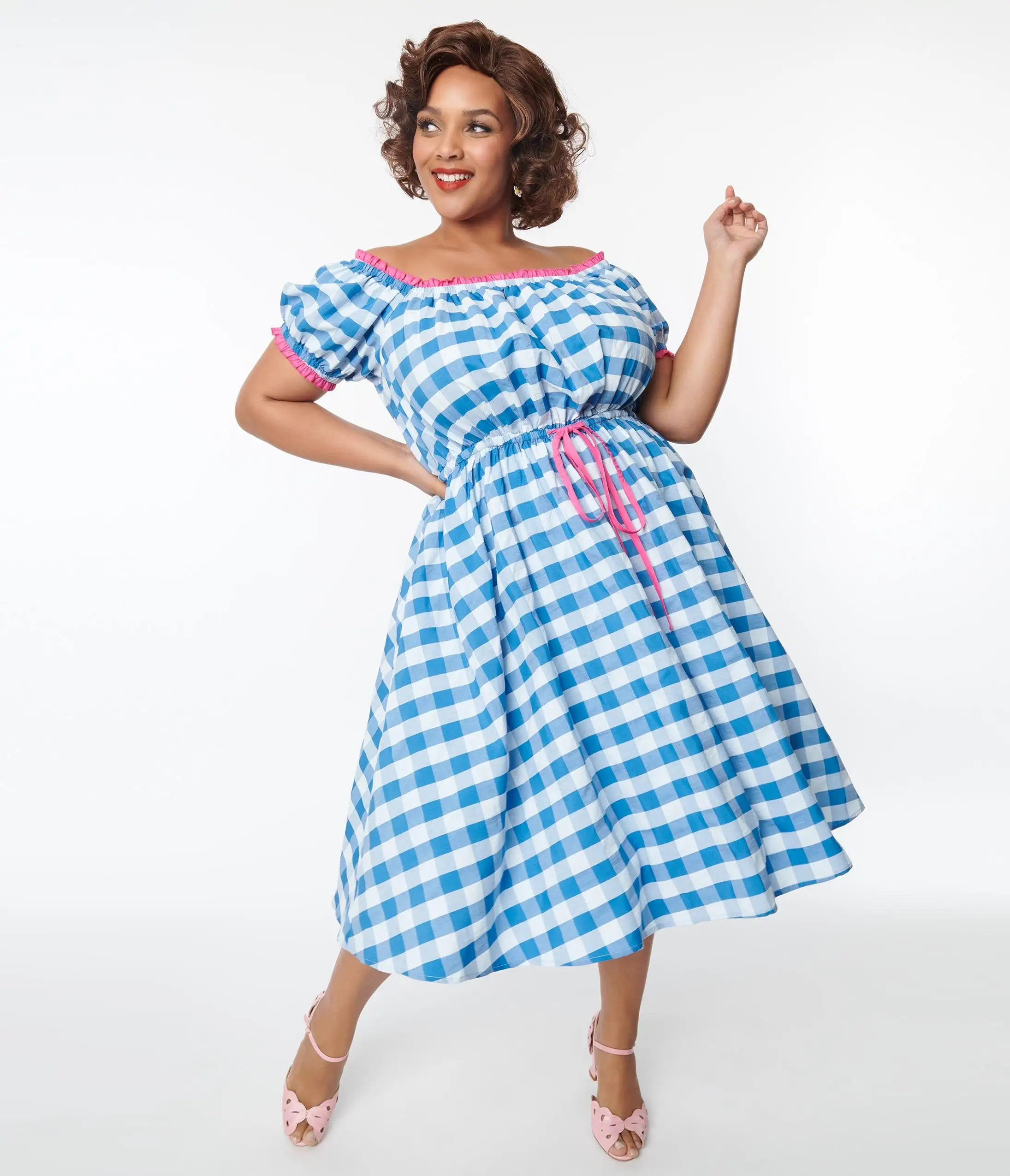 Unique Vintage Curve Blue & White Gingham Picnic Swing Dress - Image 5