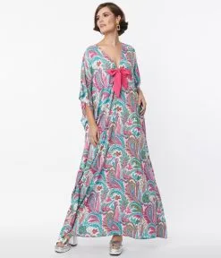 Unique Vintage Pink & Blue Paisley Print Bow Front Caftan