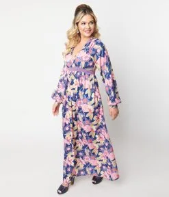 Unique Vintage Navy & Purple Floral Print Buttercup Maxi Dress